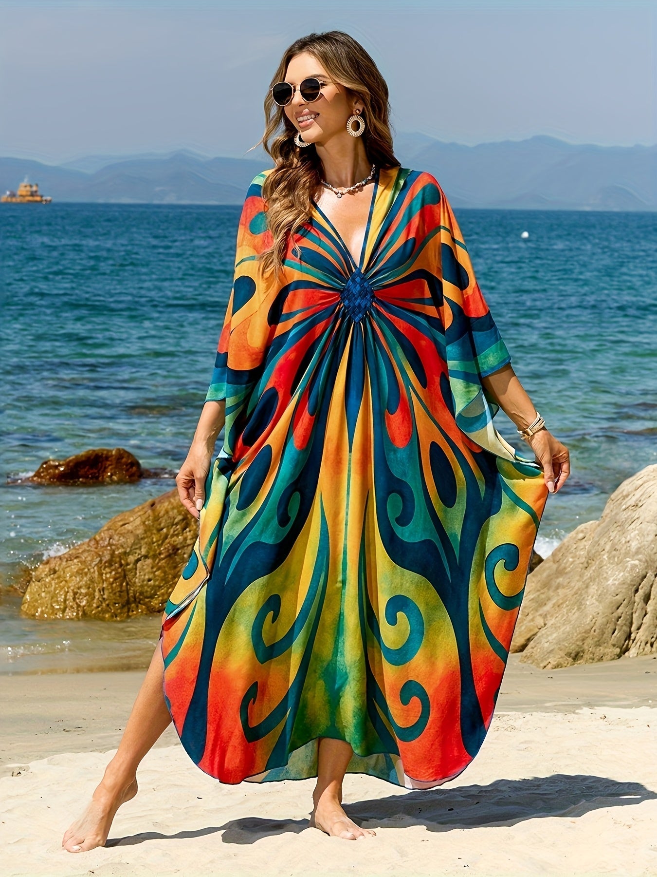 Damen Kaftan Maxi Strandkleid mit Batikmuster – Boho Überwurf für Urlaub & Strand