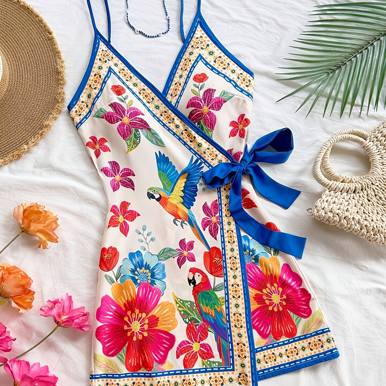 Damen Sommer Wickelkleid mit tropischem Print und Blumenmuster – Ideal für Urlaub und Freizeit