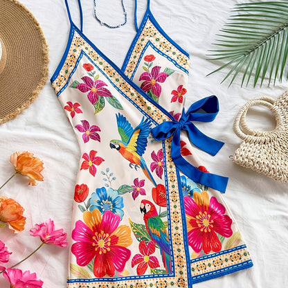 Damen Sommer Wickelkleid mit tropischem Print und Blumenmuster – Ideal für Urlaub und Freizeit
