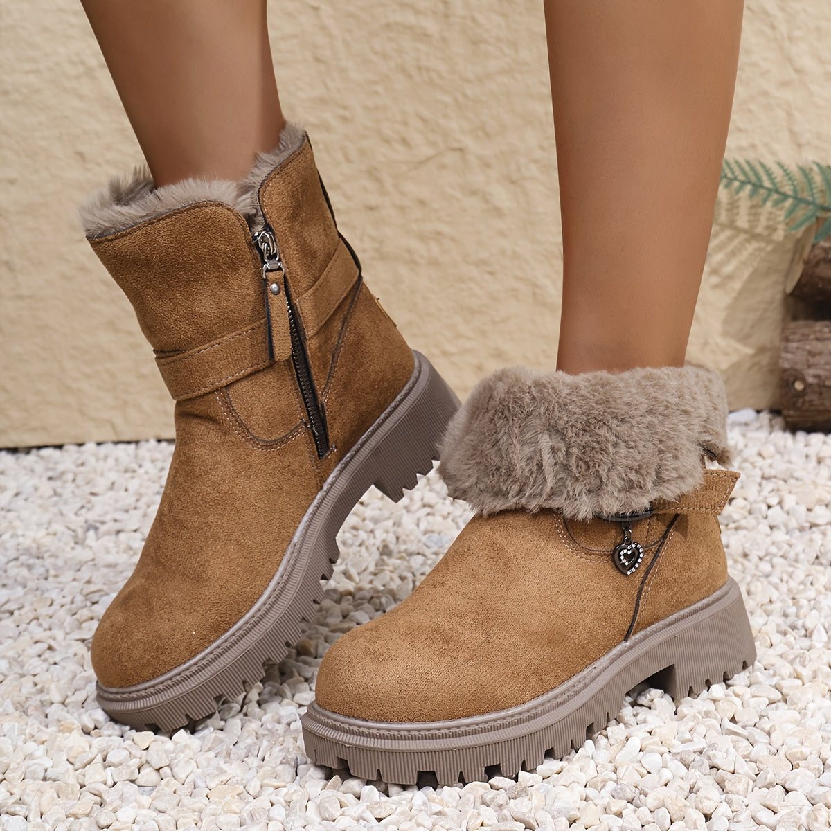 Damen Stiefeletten Hellbraun mit Fellfutter und Profilsohle