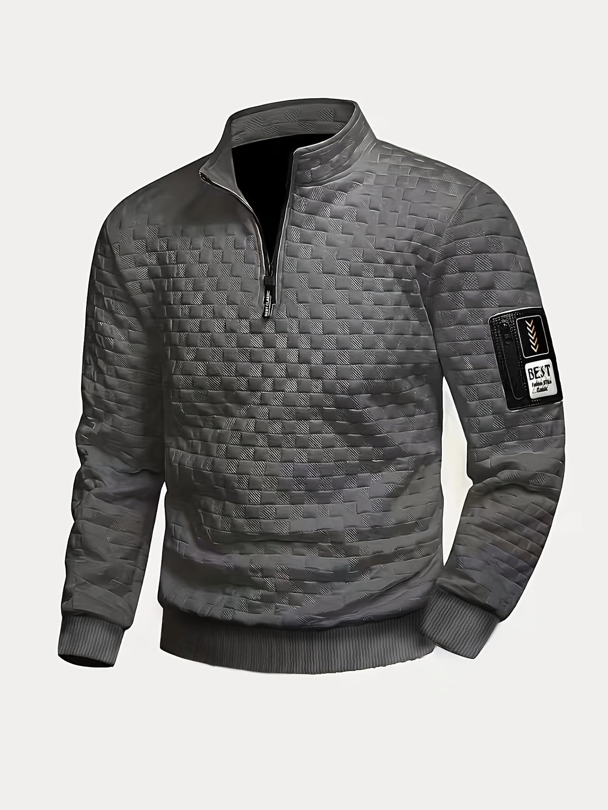 Herren Stehkragen Pullover mit Reißverschluss, gesteppt, Schwarz