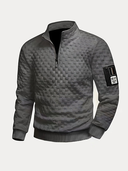 Herren Stehkragen Pullover mit Reißverschluss, gesteppt, Schwarz