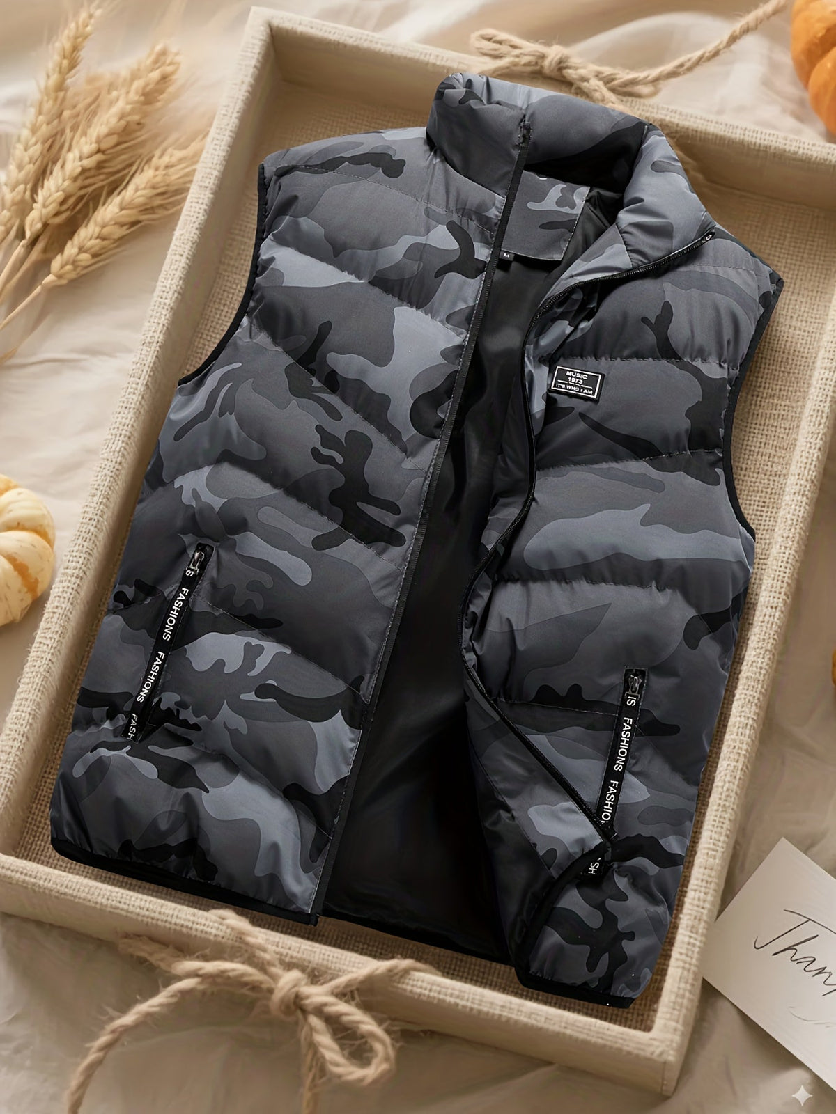 Herren Steppweste Camouflage mit Stehkragen und Reißverschluss, gepolsterte ärmellose Weste für Frühling und Herbst