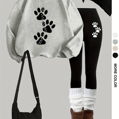 Damen Sweatshirt & Leggings Set mit Pfotenabdruck-Print, Langarm Oberteil und Hose