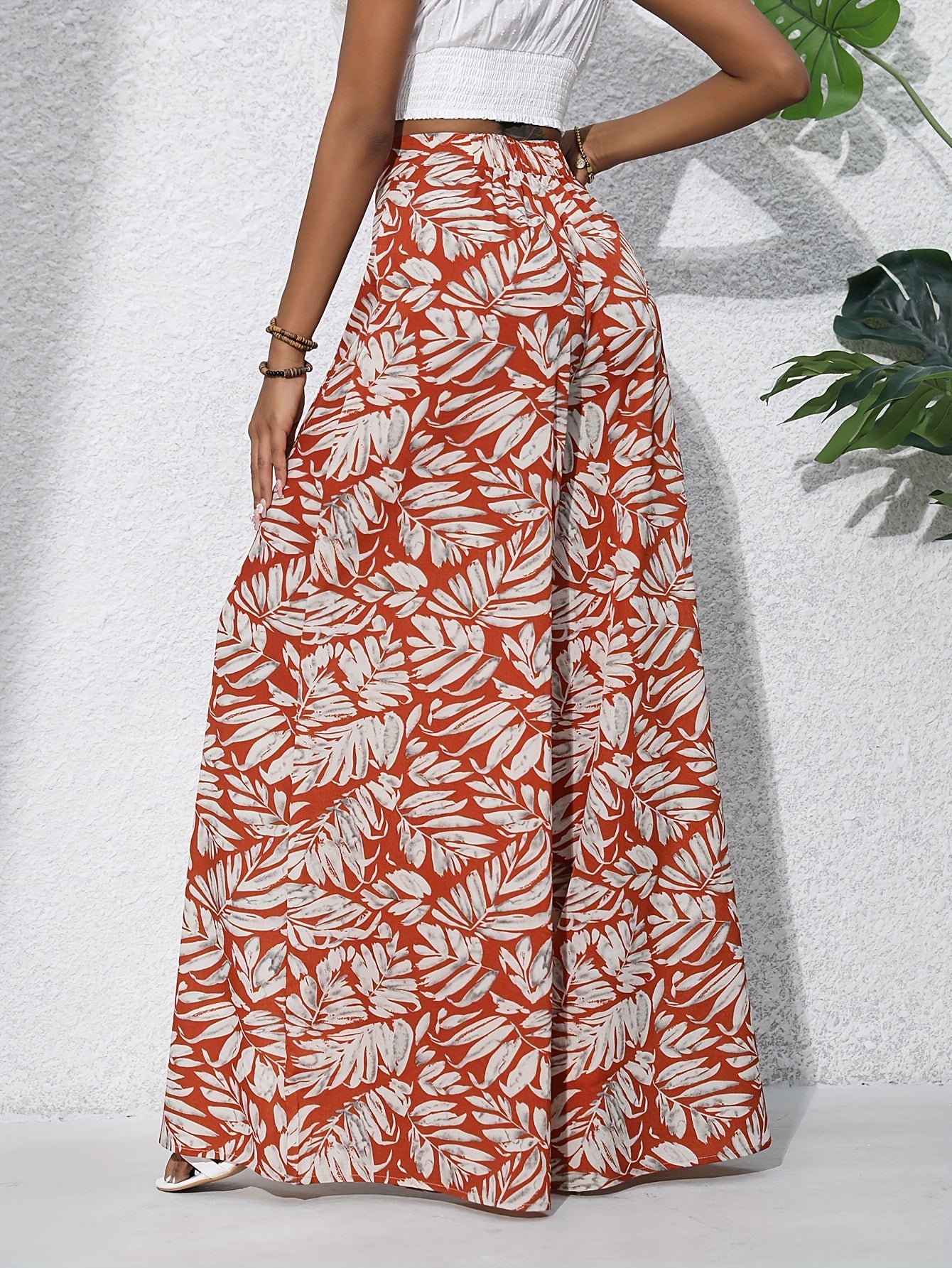 Damen Sommer Palazzo-Hose mit weitem Bein und tropischem Blätterprint – Perfekt für Strand und Freizeit