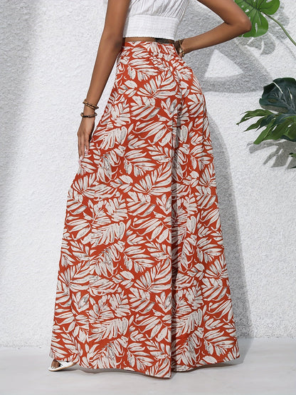 Damen Sommer Palazzo-Hose mit weitem Bein und tropischem Blätterprint – Perfekt für Strand und Freizeit