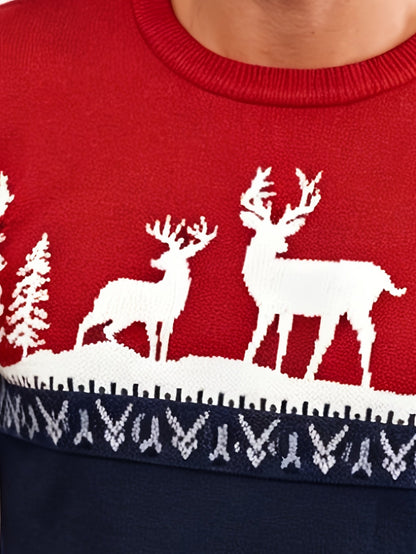 Weihnachtspullover Herren Rot Hirsch-Motiv Rundhalsausschnitt