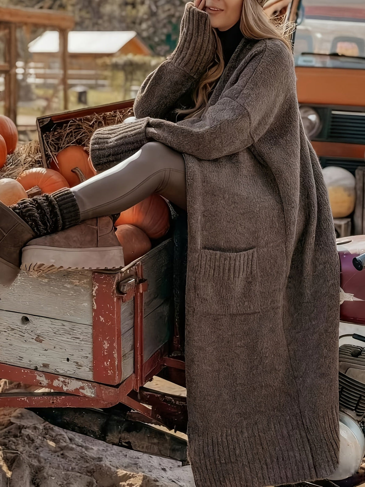 Damen Langer Strick-Cardigan mit Taschen und langen Ärmeln Braun