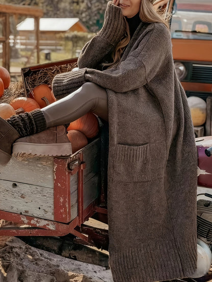 Damen Langer Strick-Cardigan mit Taschen und langen Ärmeln Braun