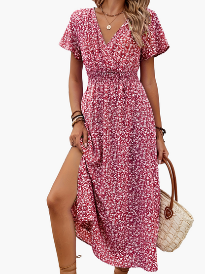 Damen Sommerkleid Elegant mit Blumenmuster und Schlitz – Perfekt für Alltag und Urlaub