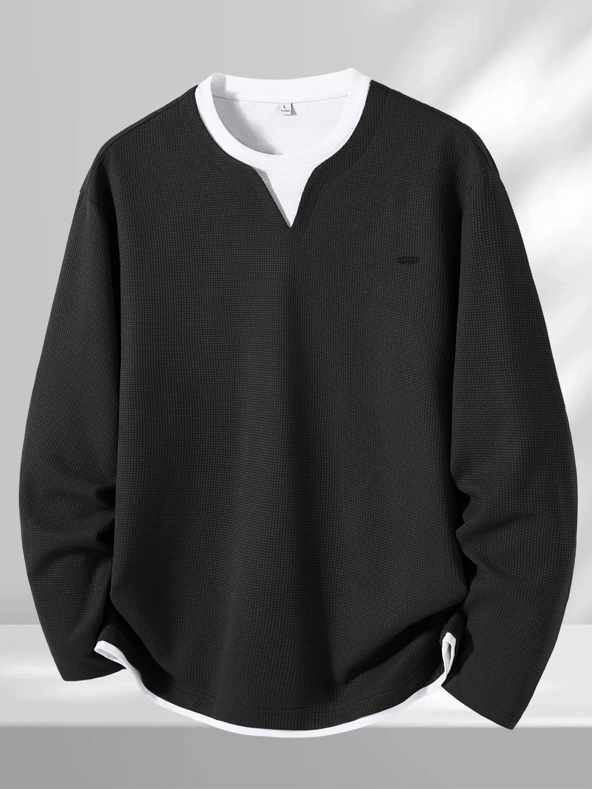 Herren Langarmshirt Waffelstrick Optik V-Ausschnitt Grau/Schwarz