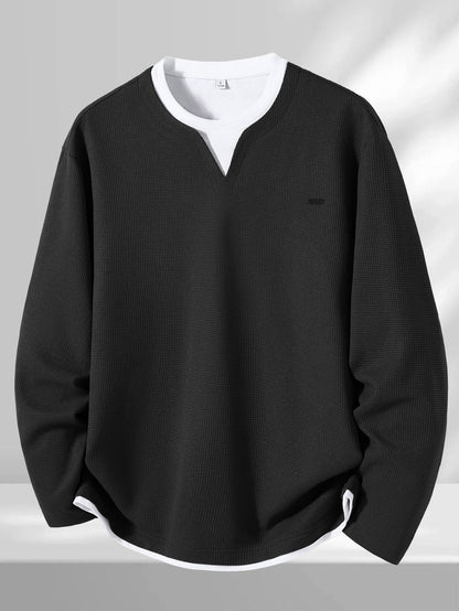 Herren Langarmshirt Waffelstrick Optik V-Ausschnitt Grau/Schwarz