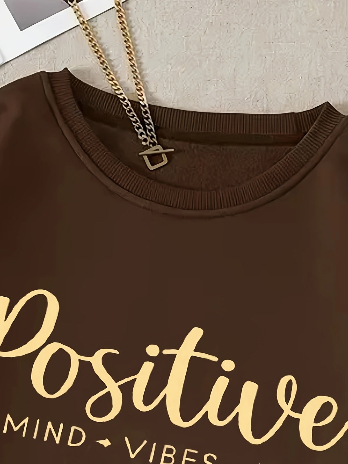 Damen Sweatshirt Braun mit Schriftzug "Positive Mind Vibes Life" Rundhals Langarm Oversized
