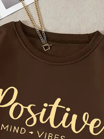 Damen Sweatshirt Braun mit Schriftzug "Positive Mind Vibes Life" Rundhals Langarm Oversized