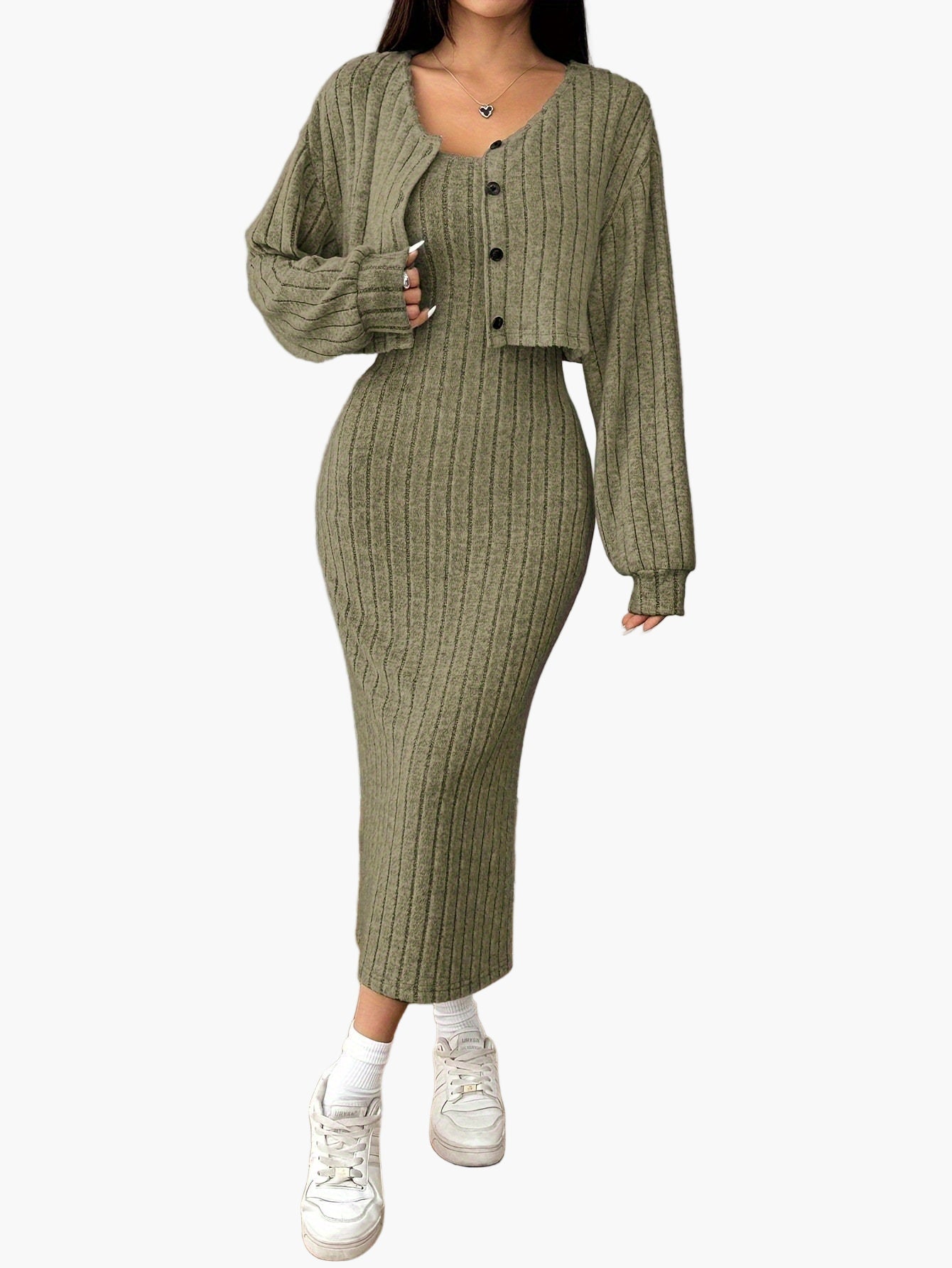 Damen Strickkleid Set Elegant Zweiteiler mit Knopfleiste – Modisch & Vielseitig für Alltag und Freizeit