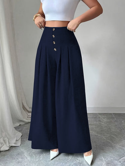 Damen Weitbeinige High-Waist Hose mit Knopfdetail und Eleganten Falten – Modische Business- und Freizeit-Hose