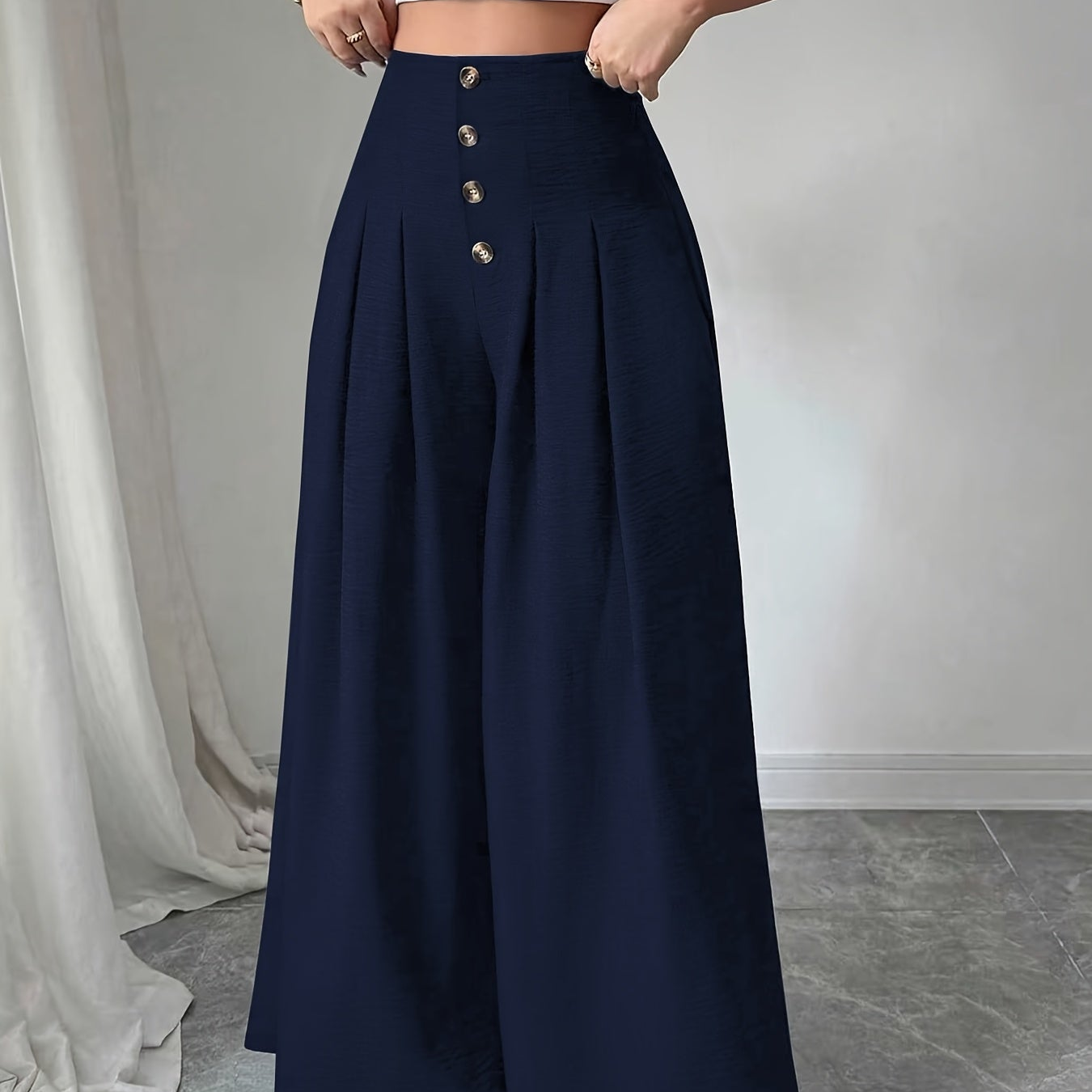 Damen Weitbeinige High-Waist Hose mit Knopfdetail und Eleganten Falten – Modische Business- und Freizeit-Hose