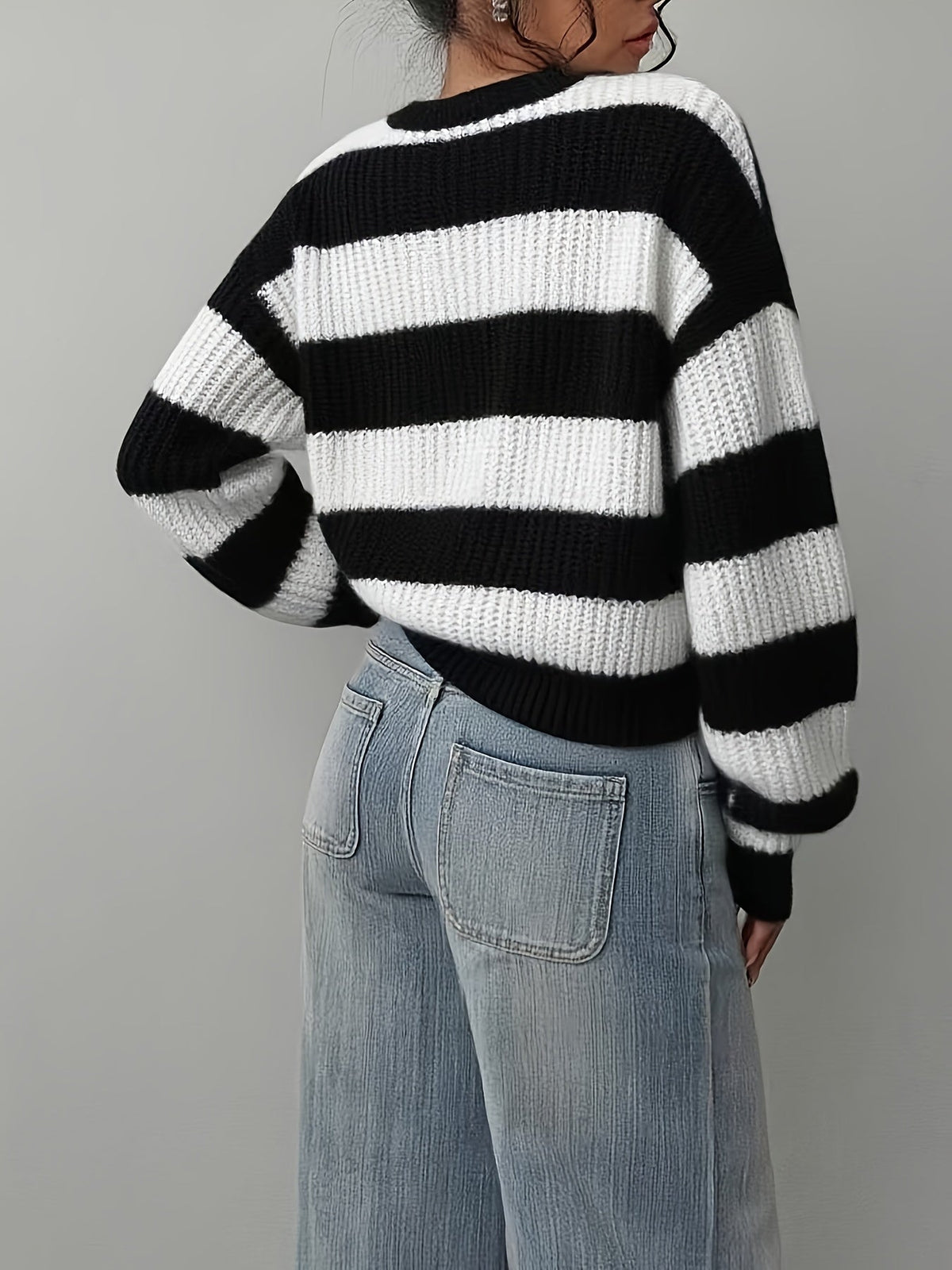 Damen Strickpullover Gestreift Schwarz Weiß Rundhals Oversize Ärmel