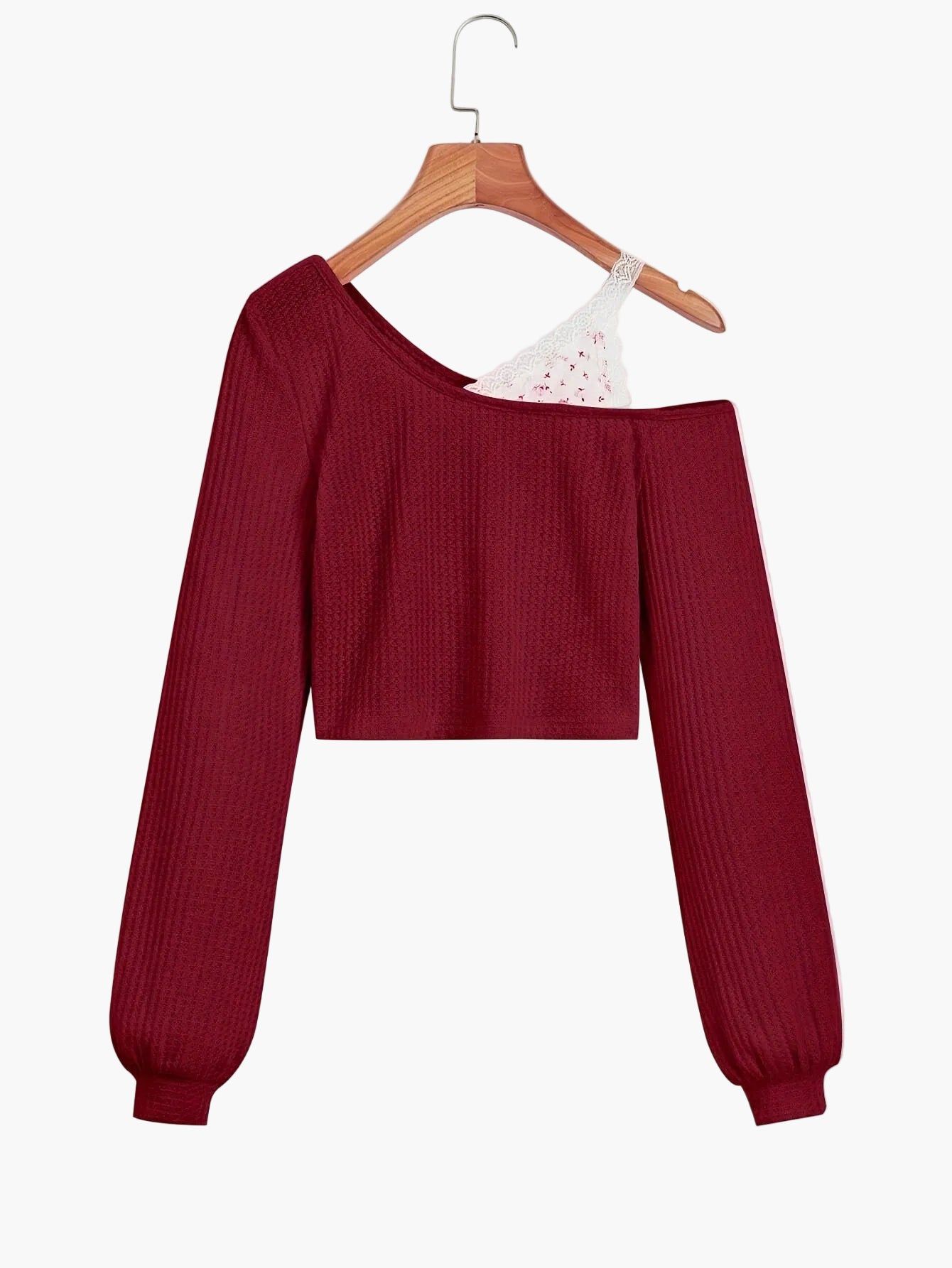 Damen Off-Shoulder Strickpullover mit Spitzen-Detail – Modischer Cropped Sweater für Alltag und Freizeit
