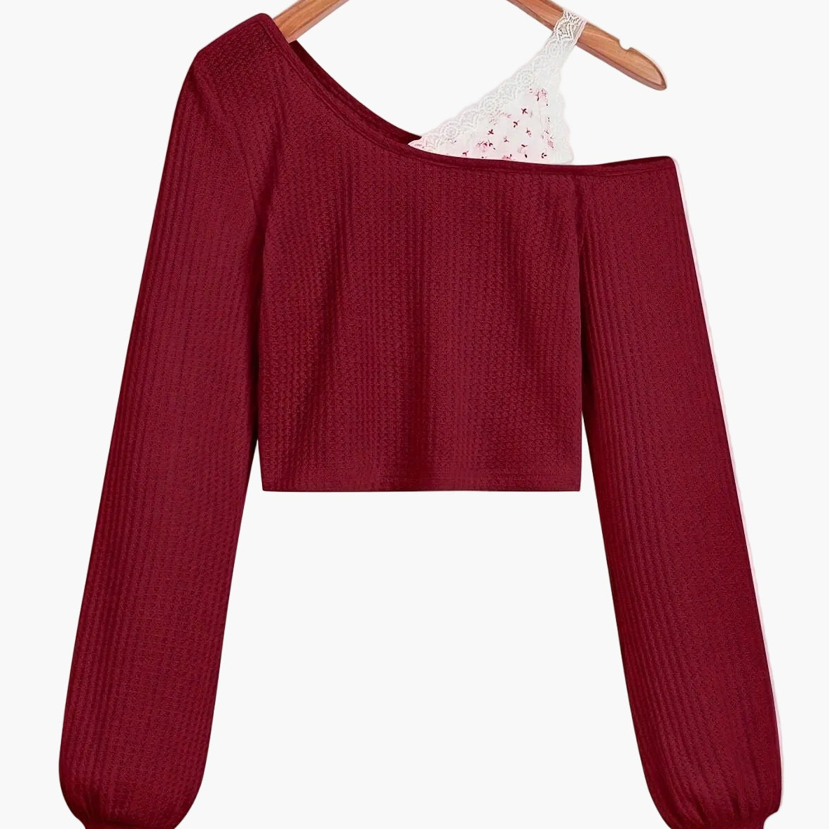 Damen Off-Shoulder Strickpullover mit Spitzen-Detail – Modischer Cropped Sweater für Alltag und Freizeit