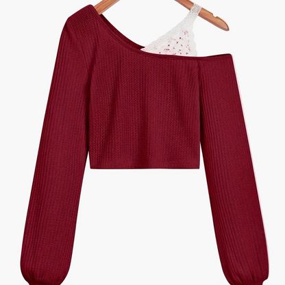 Damen Off-Shoulder Strickpullover mit Spitzen-Detail – Modischer Cropped Sweater für Alltag und Freizeit