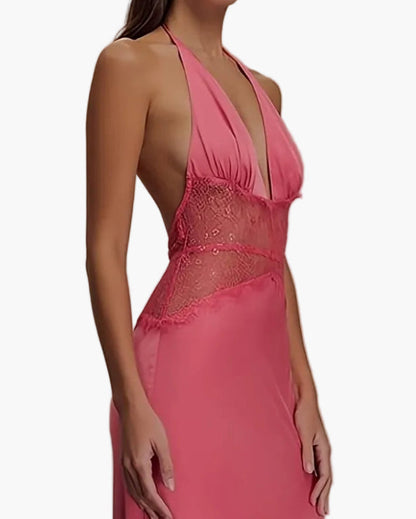 Damen Abendkleid im eleganten Fit & Flare Stil mit tiefem V-Ausschnitt und Spitzenakzent – Perfekt für festliche Anlässe