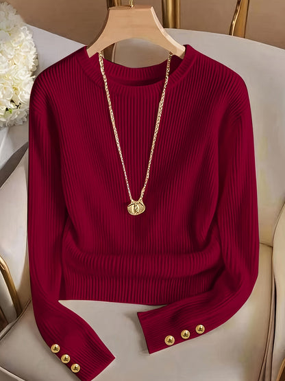 Damen Gerippter Pullover Langarm Rundhals mit Zierknöpfen
