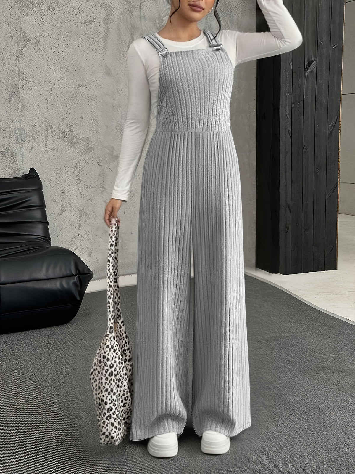 Damen Gerippter Latzhose Jumpsuit Grau Weites Bein