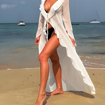 Damen Eleganter Langer Strand Kimono mit Rüschen und Offenem Schnitt – Stilvolle Überwurfjacke für Urlaub und Freizeit