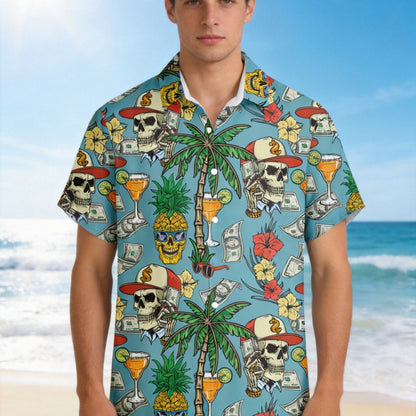 Herren Hawaii Hemd mit Totenkopf, Palmen und Cocktail Print – Extravaganter Freizeitstil für Urlaub & Strand