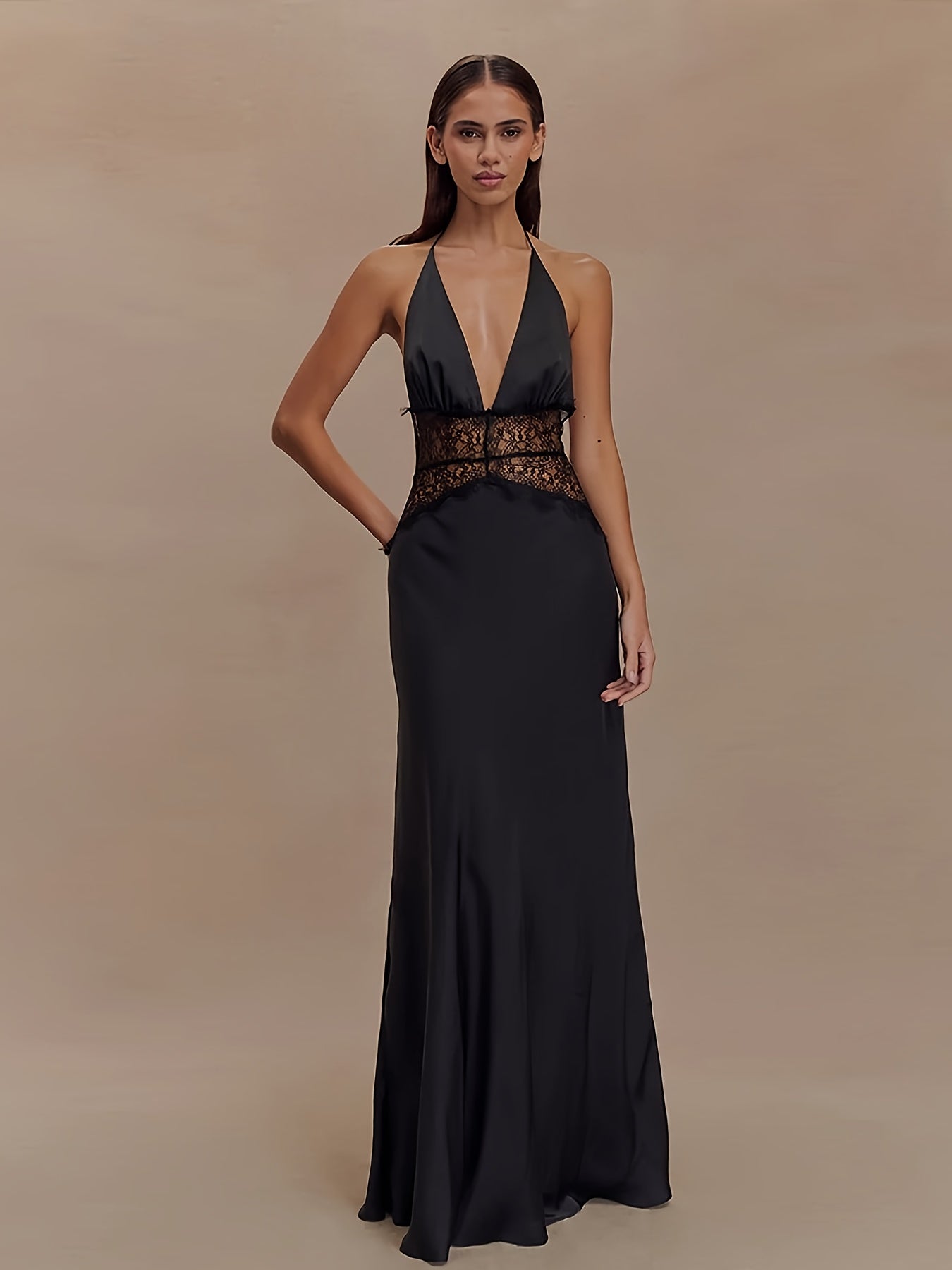 Damen Abendkleid im eleganten Fit & Flare Stil mit tiefem V-Ausschnitt und Spitzenakzent – Perfekt für festliche Anlässe