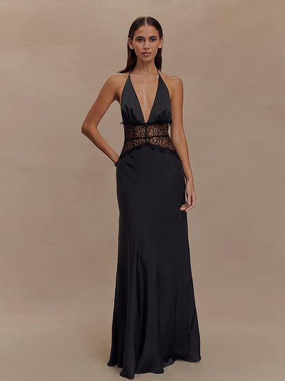 Damen Abendkleid im eleganten Fit & Flare Stil mit tiefem V-Ausschnitt und Spitzenakzent – Perfekt für festliche Anlässe