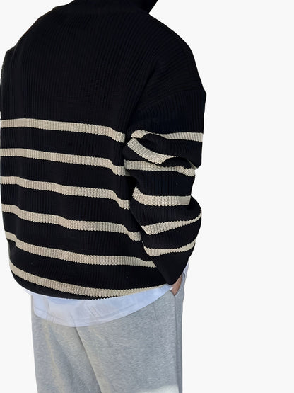 Herren Strickpullover mit Stehkragen und Reißverschluss – Gestreifter Casual Look für Herbst & Winter