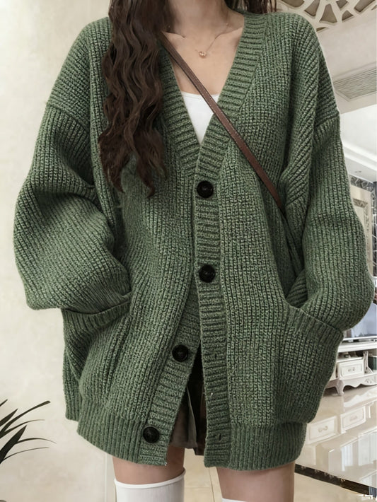 Damen Strickjacke V-Ausschnitt Knopfleiste Rippstrick Langarm Cardigan mit Taschen