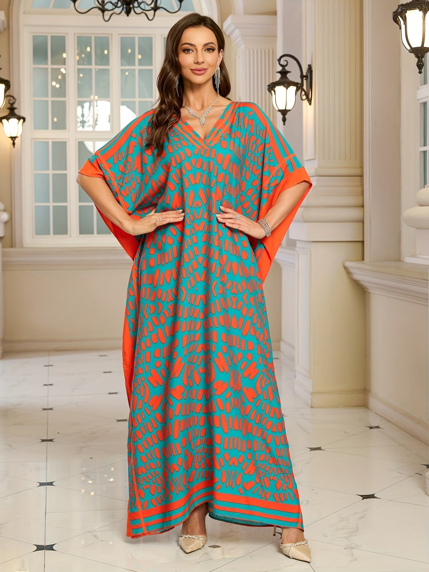 Damen Kaftan Maxikleid Boho-Stil mit V-Ausschnitt für Urlaub und Alltag
