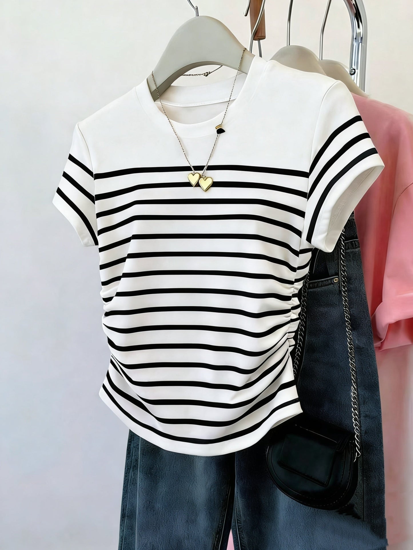Damen T-Shirt mit Streifen und Raffungen – Modisches Freizeitshirt, Kurzarm, Elegant für Alltag und Büro