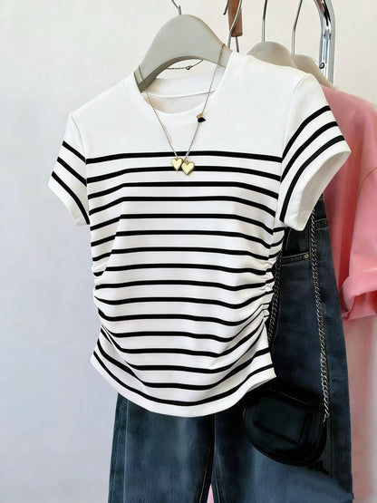 Damen T-Shirt mit Streifen und Raffungen – Modisches Freizeitshirt, Kurzarm, Elegant für Alltag und Büro