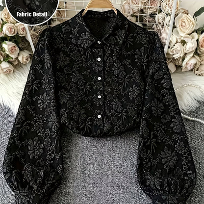 Damen Crop Bluse Schwarz Langarm Blumenmuster Strukturiert