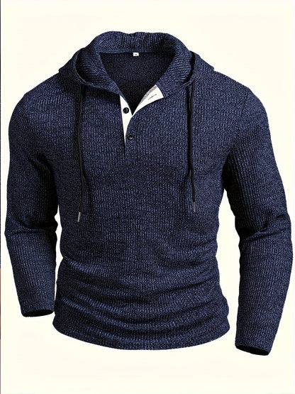 Herren Hoodie Pullover Feinstrick Dunkelblau mit Knopfleiste