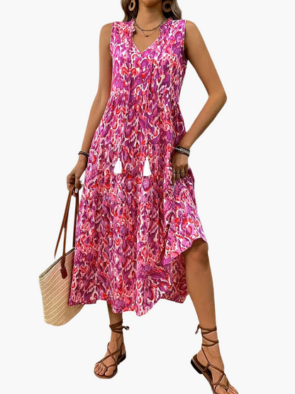 Damen Sommerkleid Elegant Boho Style Ärmellos Midi Freizeitkleid mit Kordel und Quasten