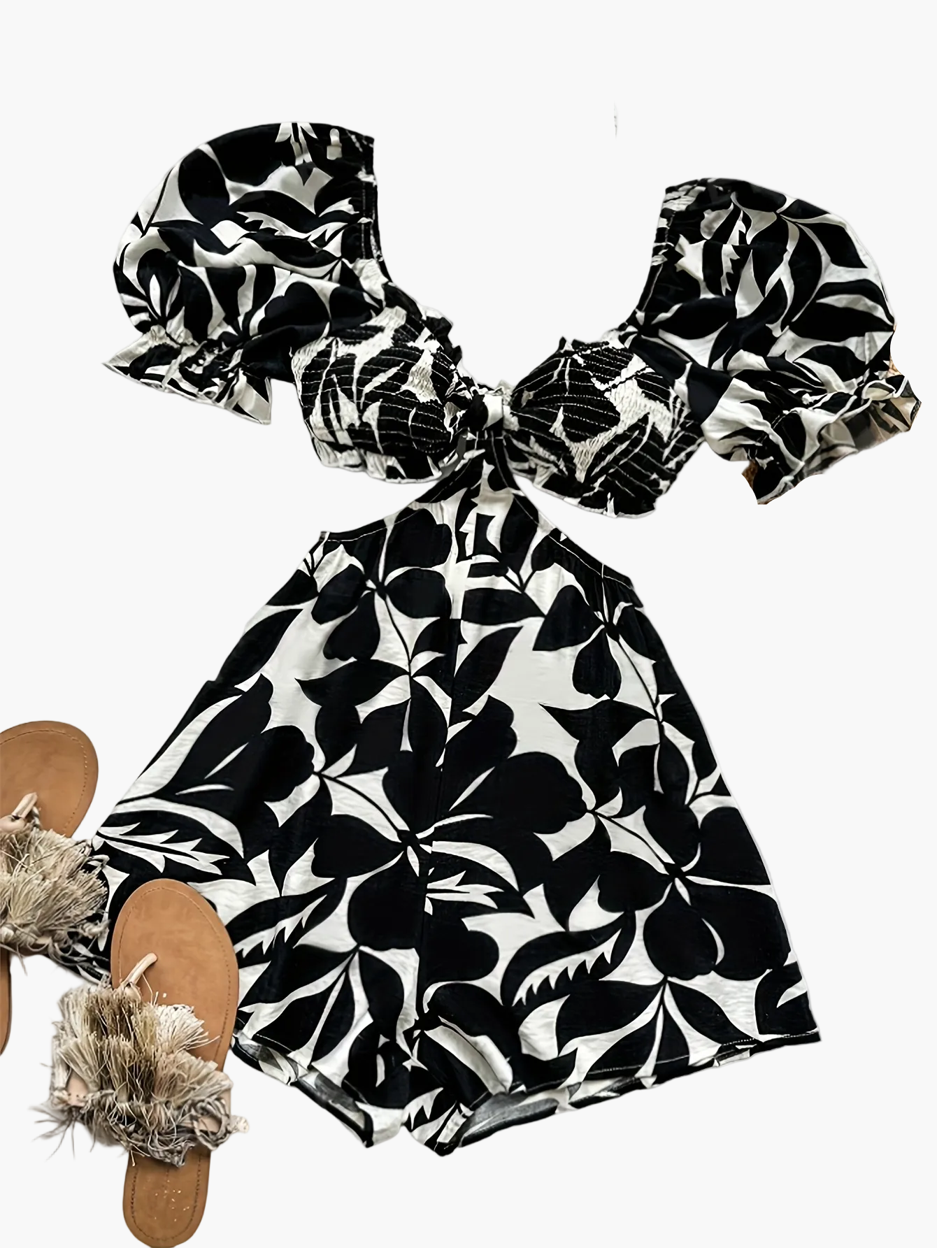 Damen Sommer Jumpsuit mit Tropenblatt-Print und Puffärmeln – Perfekt für Urlaub, Strand und Gartenparty