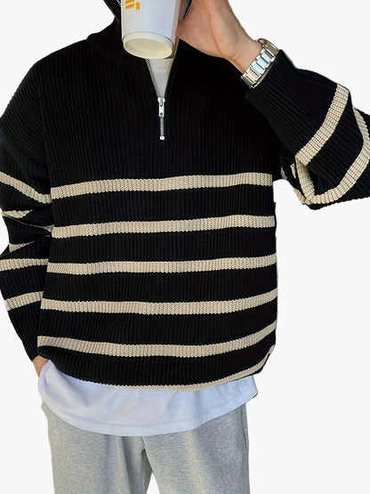 Herren Strickpullover mit Stehkragen und Reißverschluss – Gestreifter Casual Look für Herbst & Winter
