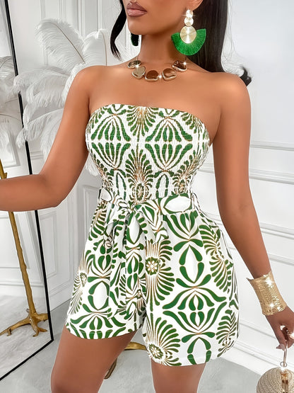 Damen Bandeau Jumpsuit Elegant Gemustert – Modischer Einteiler für Sommer & Events
