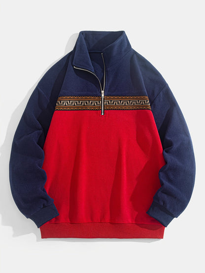 Herren Fleece-Pullover mit Reißverschluss, Stehkragen und Aztekenmuster