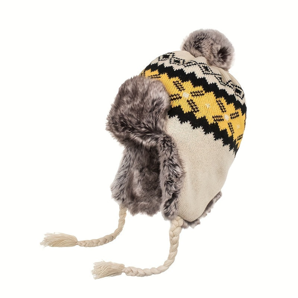 Winter Bommelmütze mit Ohrenklappen Strick & Kunstfell Norwegermuster