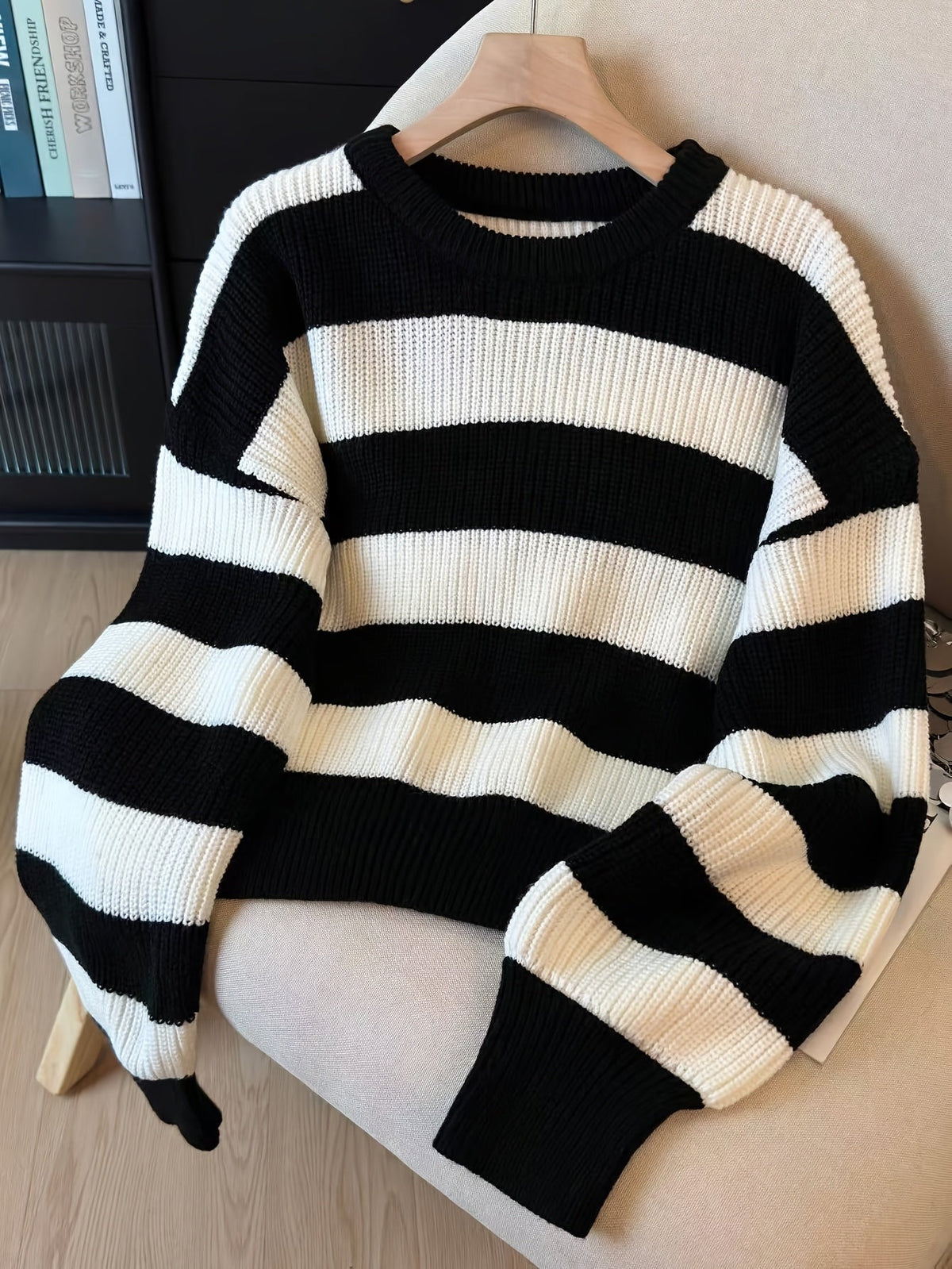 Damen Strickpullover Gestreift Schwarz Weiß Rundhals Oversize Ärmel
