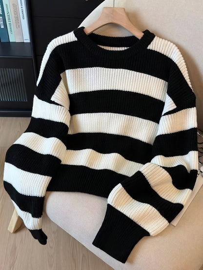 Damen Strickpullover Gestreift Schwarz Weiß Rundhals Oversize Ärmel