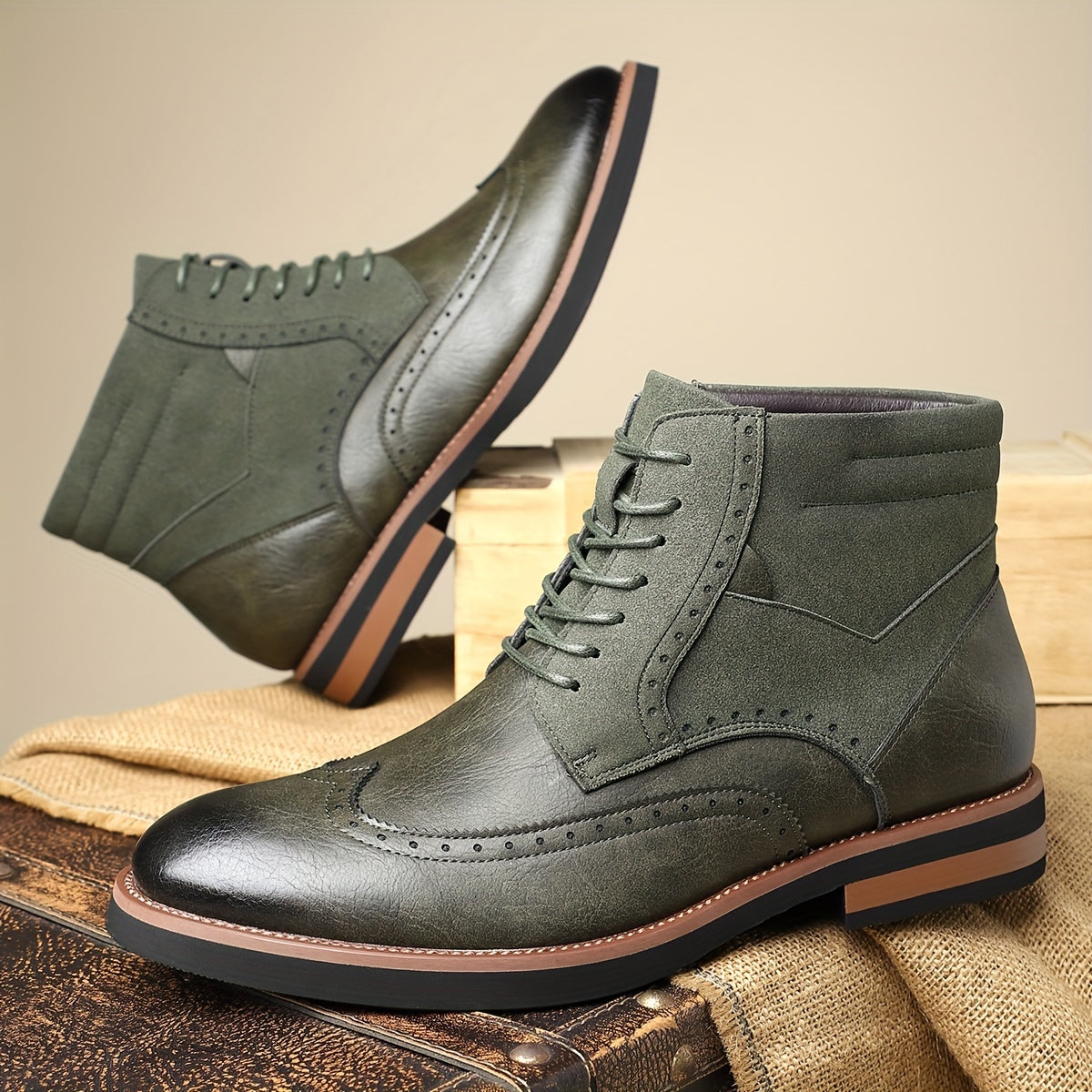 Herren Brogue Stiefel mit Schnürung, Ankle-High, Zweifarbiger Look