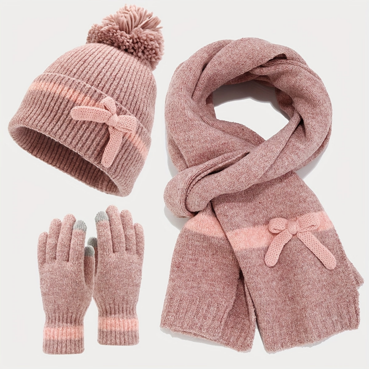 Damen Winter Set Mütze Schal Handschuhe mit Schleife und Bommel, Warmes Strick-Set