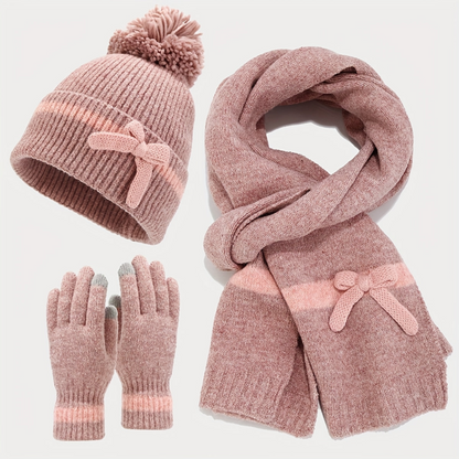 Damen Winter Set Mütze Schal Handschuhe mit Schleife und Bommel, Warmes Strick-Set